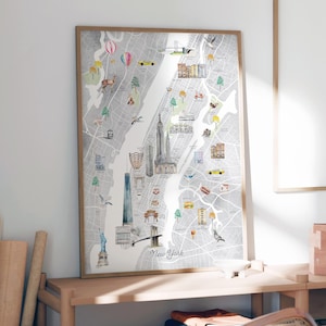 Mapa da cidade de Nova York para impressão | impressão da arte da parede do mapa da cidade | Decoração de quarto infantil | Impressão de arte de viagem para decoração de casa | Mapa em aquarela de Nova York | Viagens nos EUA