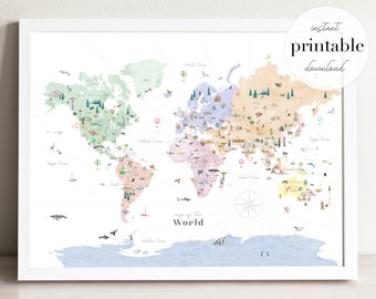 Kids Educational Prints Map Of World Wall Chart Activity Countries Art Poster
