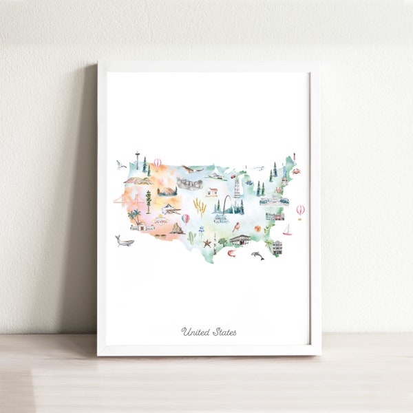 USA Map Art Print, United States wall art, nursery decor, nursery art, kids room, world map poster, america map, travel map, watercolor map