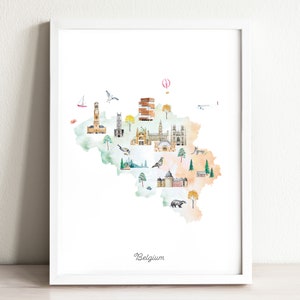 Belgium Map Art Print | Illustrated Watercolor Travel Map |  Nursery Decor Art Print | Kids Room Print | Nursery Art Travel Decor | Europe