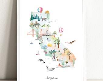 California Illustrated State Map, California wall art print, nursery decor, nursery wall art, state map poster, USA travel map, kids room