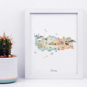 Türkei Karte Kunstdruck illustriert, Aquarell Karte, Flitterwochen Geschenk, Wanddeko fürs Kinderzimmer, Wandbild Fernweh, Wanddeko fürs Kinderzimmer