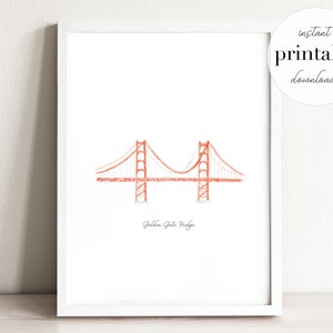 Golden Gate Bridge Printable, illustration, wall art print, nursery decor, landmark, san francisco, kids room, travel print, california art