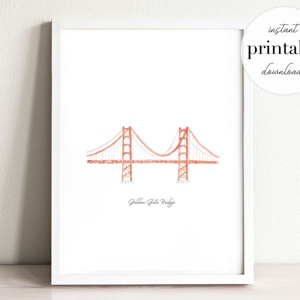 Golden Gate Bridge Imprimible, ilustración, impresión de arte de pared, decoración de guardería, punto de referencia, san francisco, habitación para niños, impresión de viaje, arte de california