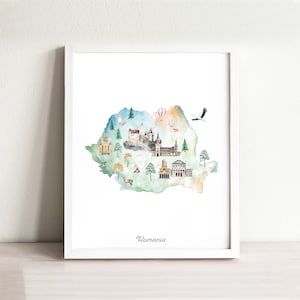 Rumänien illustrierte Karte Kunstdruck, Aquarell Karte für's Kinderzimmer, Wandbild für das Kinderzimmer, Fernweh, Karte für's Kinderzimmer