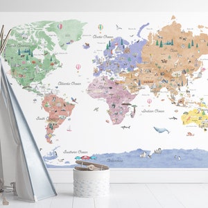 Colorful Educational World Map Wall Decal | Playful Nursery Decor | Kids Travel Map | Kids World Map | Wallpaper Map | Whimsical Wall Cling