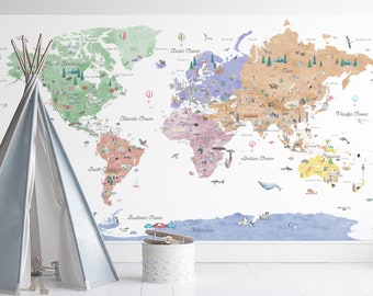 Décalcomanie murale colorée de carte du monde éducatif | Décor de pépinière ludique | Carte de voyage pour enfants | Carte du monde pour enfants | Carte de papier peint | Autocollant mural fantaisiste