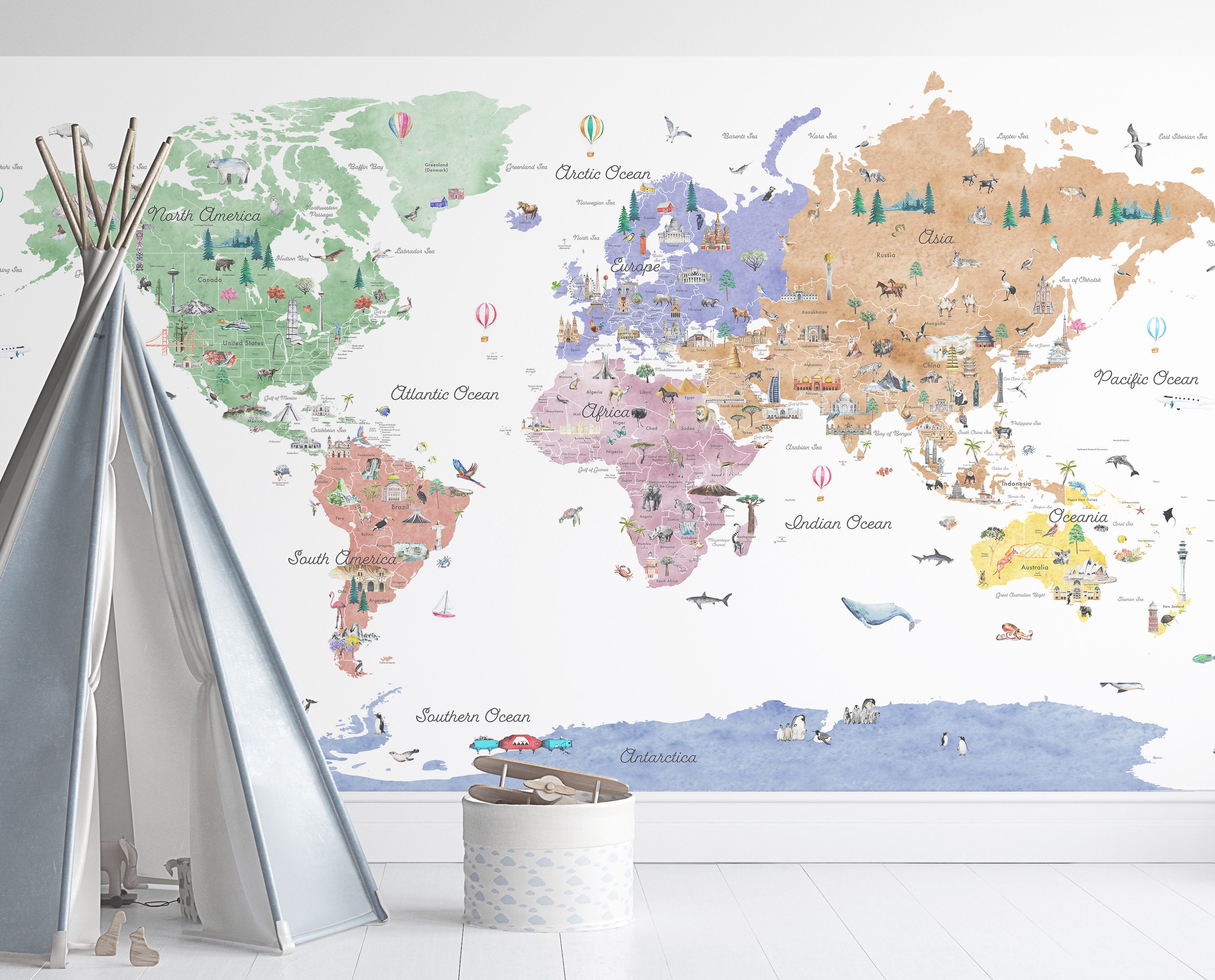 World Maps: World Map on Globe Mural - Removable Wall Adhesive Wall Decal Large