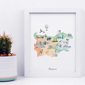 Bulgarien illustrierte Karte Druckbare, Wand Kunst Druck, Kinderzimmer Dekor, Sehenswuerdigkeiten, Kinderzimmer, Zeichnung, Tier Karte, Landkarte
