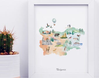 Bulgaria Illustrated Map Print: Watercolor Landmarks, Animals (Digital Download)
