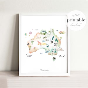 Australien illustrierte Karte Druckbare, Kunst Druck, Kinderzimmer Dekoration, Kinderzimmer Dekor, Zeichnung, Tier Karte, Landkarte