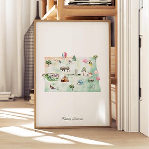 Mapa ilustrado del estado de Dakota del Norte, impresión de arte de pared, decoración de guardería, arte de pared de guardería, póster de mapa del estado, mapa de viaje de EE. UU., habitación de niños, Boston