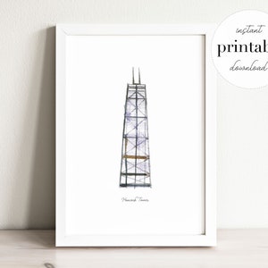 Hancock Tower Printable, Illustration, Wand kunstdruck, Kinderzimmer Dekor, Wahrzeichen, Chicago, Kinderzimmer, Reisedruck, Wahrzeichen Zeichnung, Kinderzimmer