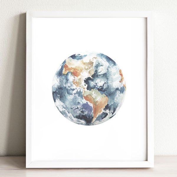 Earth Art Print, nursery decor, nursery art, wall art, wall decor, bedroom decor, home decor, watercolor painting, planet earth, earth art,