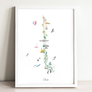 Chile Karte Art Print Illustriert, Wohndeko, Reise Poster, Karten Print, Fernweh, Kinderzimmer Dekor