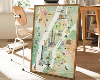 Watercolor New York City Map Art Print: Travel Decor