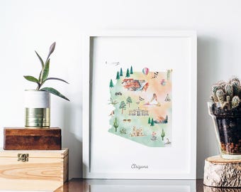 Arizona State Map: Watercolor Art Print, Nursery Decor