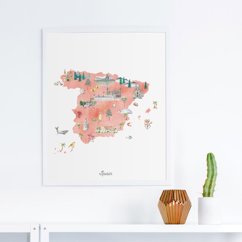 Puede incluir: Una ilustraci&oacute;n de acuarela de Espa&ntilde;a con monumentos y s&iacute;mbolos. El mapa es rosa y blanco con un marco blanco. La palabra "Espa&ntilde;a" est&aacute; escrita en cursiva en la parte inferior del mapa.