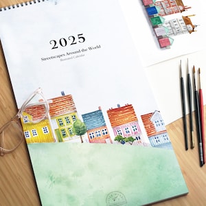 Geïllustreerde reiskalender 2025 Streetscapes | Aquarelkunst | Straattekening |