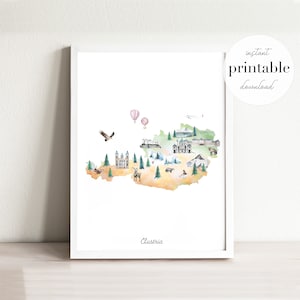 Illustrierte Österreich-Karte zum Ausdrucken, Wandkunstdruck, Kinderzimmerdekoration, Sehenswürdigkeiten, Kinderzimmer, Reisedruck, Zeichnung, Tierkarte, Länderkarte