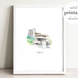 May include: A watercolour illustration of Fallingwater, a famous house designed by Frank Lloyd Wright, built over a waterfall. The house is depicted in a light brown colour, with a green and blue watercolour background.