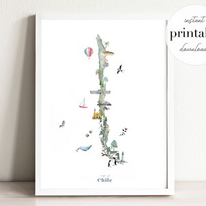 Chile illustrierte Karte Druckbare, Wand Kunst Druck, Kinderzimmer Dekor, Sehenswuerdigkeiten, Kinderzimmer, Zeichnung, Tier Karte, Landkarte