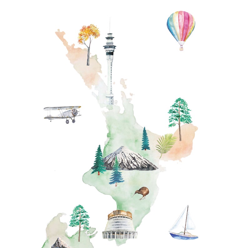 New Zealand Illustrated Map Printable Wall Art Print Nursery Etsy