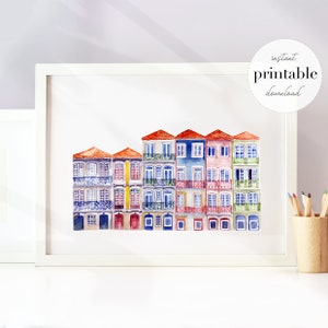 Porto Streetscape Illustrated Art Print | Travel Art Print | Portugal Travel Print | Street Drawing | Porto Travel Print | Colorful Building