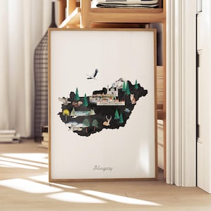 Ungarn Illustrierte Karte Kunstdruck | Aquarell Landkarte Poster, Kinder Reisekunst, Reisekarte, Fernweh, gemalte Landkarte