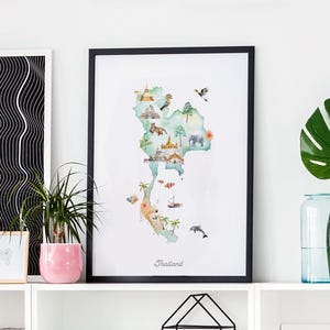 Thailand Karte Kunstdruck illustriert, Wohndeko, Reise-Plakat, Fernweh, Wandkunst, Kinderzimmer, Kunst