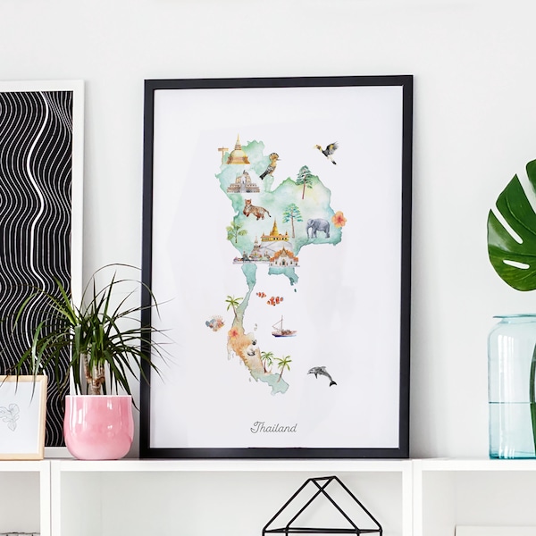 Thailand Map Art Print: Watercolor Illustration, Travel Home Decor