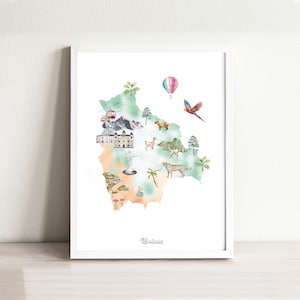 Impression d'art de carte de la Bolivie illustrée, décoration de chambre d'enfant à l'aquarelle, affiche de carte de pays pour chambre d'enfant, carte de voyage, esprit d'aventure, art de voyage