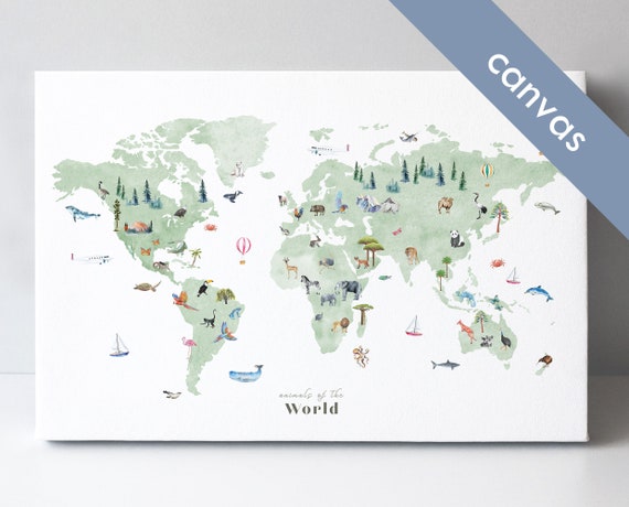 Animal World Map Childrens Wall Art Kids Room Decor Nursery World Map Canvas World Map Print Large Canvas Print Baby World Map Animal Decor
