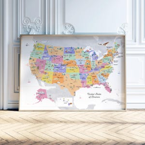 Pastels imprimables éducatifs de carte des Etats-Unis | Carte des Etats-Unis | Décoration de chambre d'enfants | impression de voyage, dessin, art de la carte, carte murale, carte des Etats-Unis, états