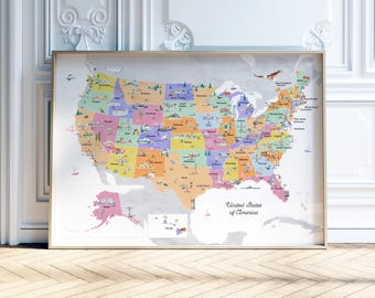 May include: A framed map of the United States, showcasing each state in a unique color. The map includes small illustrations of landmarks and icons. The words "United States of America" are written in a script font at the bottom.