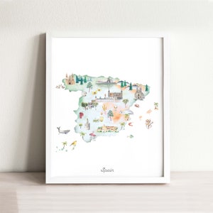 Impression d'art de carte illustrée d'Espagne, décoration de chambre d'enfant à l'aquarelle, affiche de carte de pays pour chambres d'enfants, art de pépinière, carte de voyage, impression de carte envie de voyager
