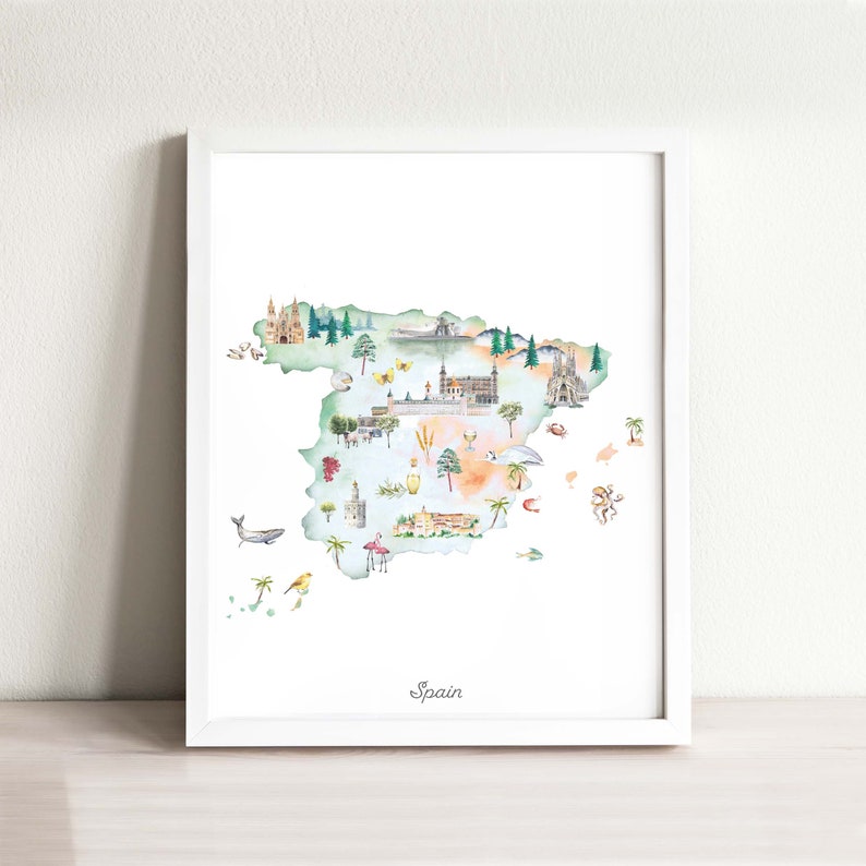 Puede incluir: Una ilustraci&oacute;n de acuarela de Espa&ntilde;a, con monumentos y s&iacute;mbolos ic&oacute;nicos. El mapa est&aacute; delineado en verde y relleno con varios tonos de azul, verde y naranja. La palabra "Espa&ntilde;a" est&aacute; escrita en negro en la parte inferior del mapa.