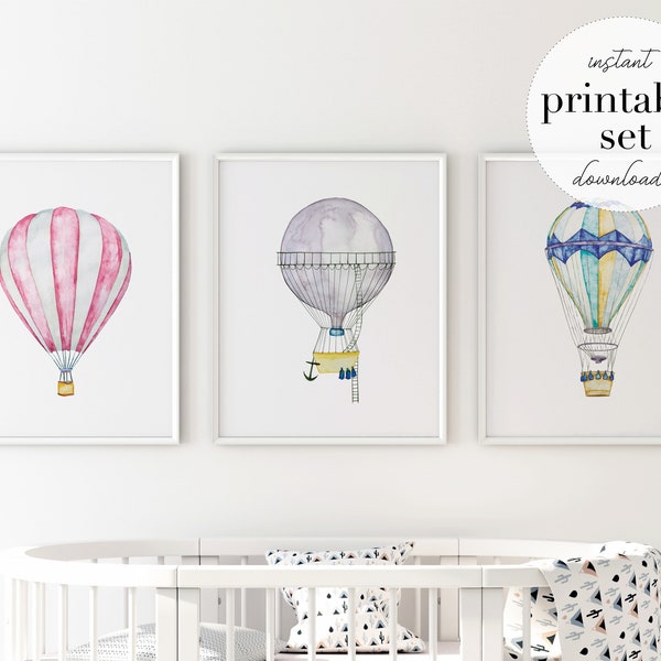 Hot Air Balloon Printable Set, illustration, wall art print, nursery decor, kids room, travel print, travel art, cute poster, baby room