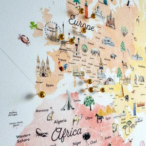 Push Pin Canvas Earth Tones Educational World Map | Travel Wall Art | Kids World Map | Watercolor World Map | Animal World Map | Push Pin