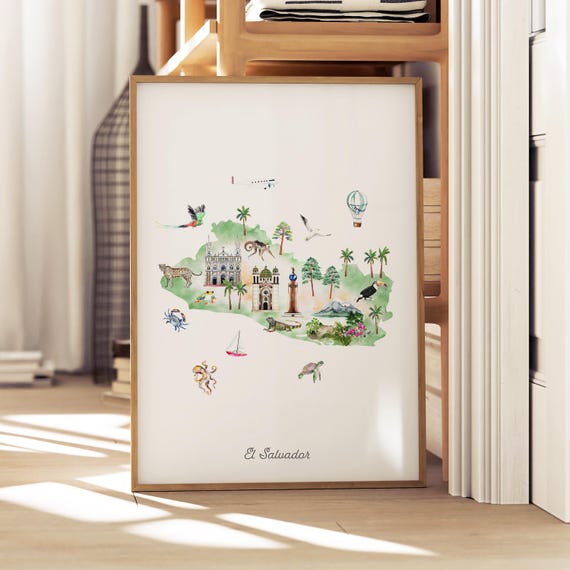 El Salvador Map Art Print: Illustrated Watercolor Travel Decor
