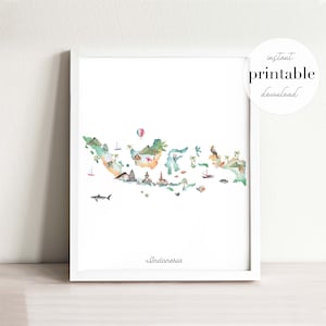 Carte illustrée de l'Indonésie à imprimer, impression d'art mural, décoration de chambre d'enfant, monument, chambre d'enfant, impression de voyage, dessin, carte de pays, Java, boho