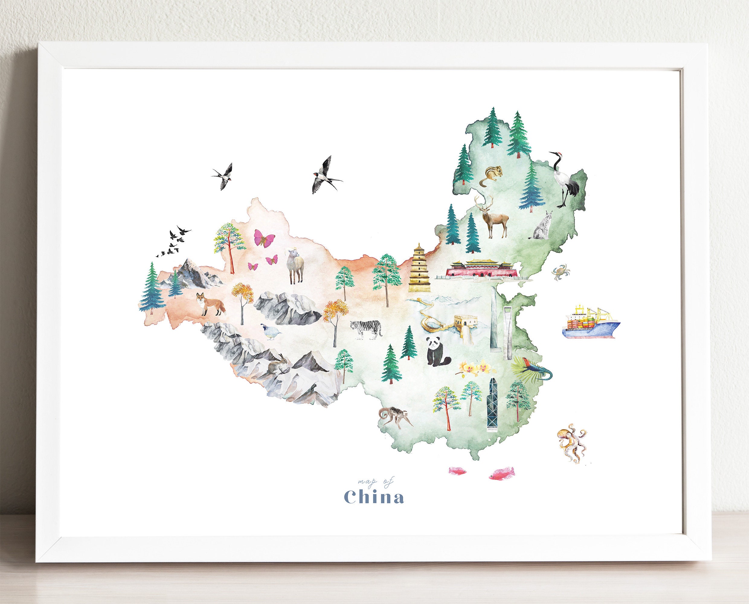 China Map Art Print Illustrated Wall Decor Nursery Decor Etsy