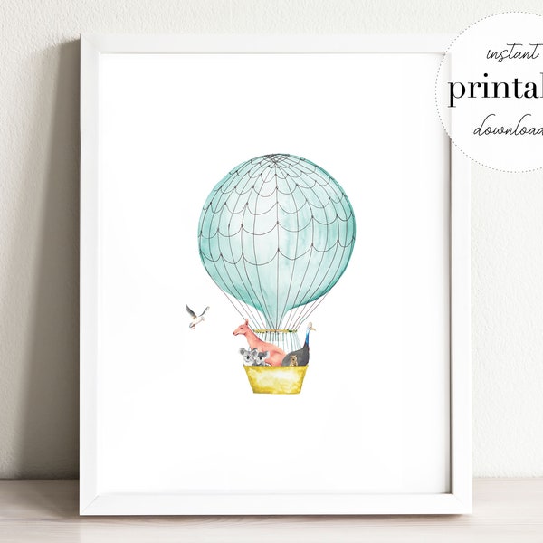 Australian Animals Hot Air Balloon Printable, illustration, wall art print, nursery decor, kids room, travel print, cute poster, baby room