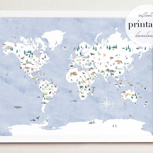 Colorful Animal World Map Printable Nusery Art Print Kids - Etsy