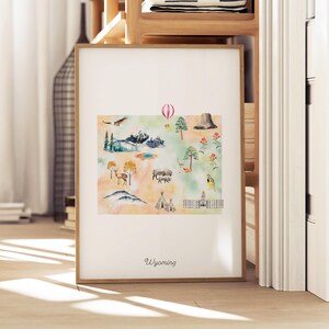 Carte illustrée de l'État du Wyoming, impression d'art mural, décoration de chambre d'enfant, art de voyage, affiche de carte d'état, carte de voyage des États-Unis, impression de voyage, Yellowstone