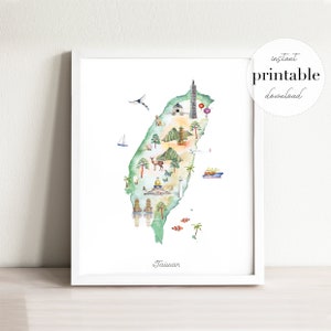 Taiwan illustrierte Karte gedruck, Wand Kunst Druck, Kinderzimmer Dekor, Sehenswuerdigkeiten, Kinderzimmer, Zeichnung, Tier Karte, Landkarte