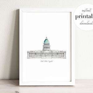 May include: A printable illustration of the Utah State Capitol building in a white frame. The building is depicted in a watercolor style with a white exterior and a green dome.