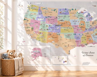 Spring Illustrated Reference United States Map with States, Landmarks, Animals | USA Map Wall Decal | Reference Series