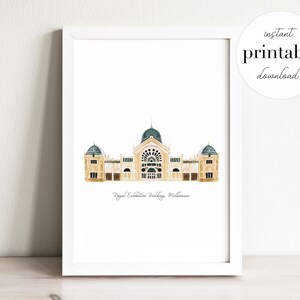 May include: A watercolor illustration of the Royal Exhibition Building in Melbourne, Australia. The building is depicted in shades of yellow and beige with a green roof. The illustration is framed in a white frame.