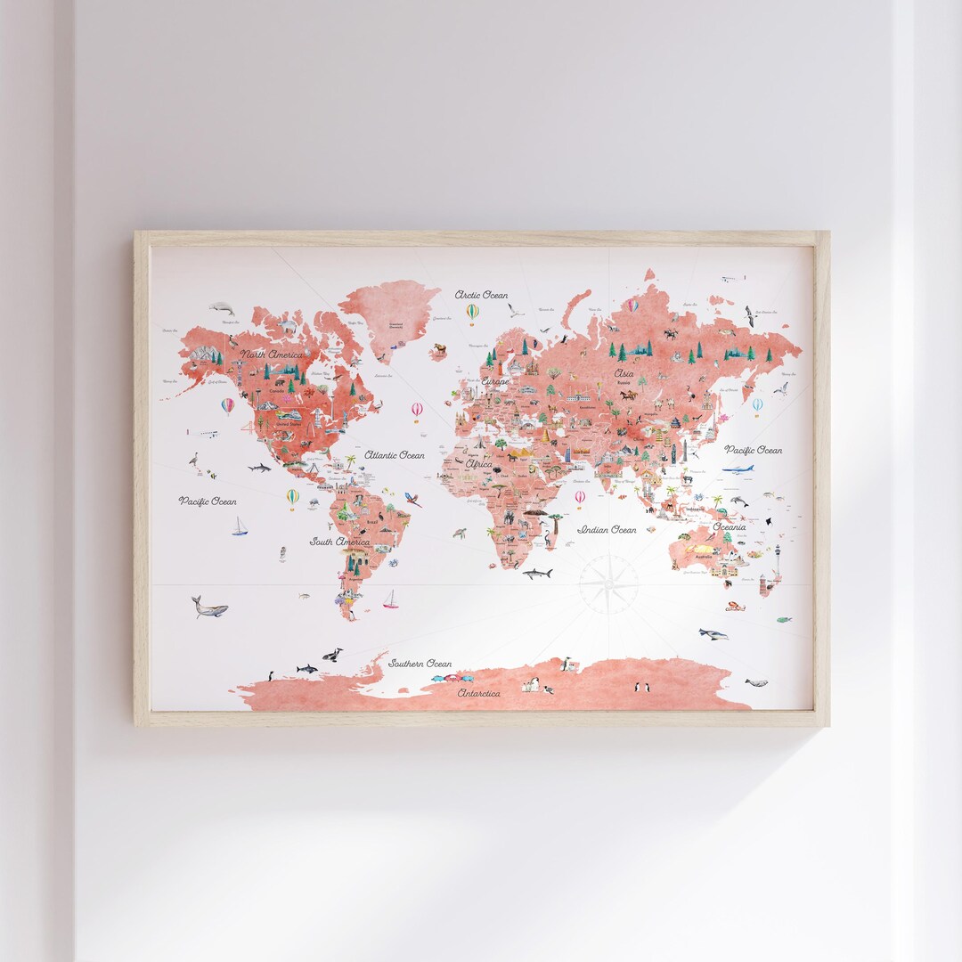 Framed Watercolor World Map| Kids Nursery Decor Art Print - Etsy